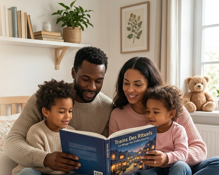 image du hero avec une famille en train de lire un livre trains des rituels