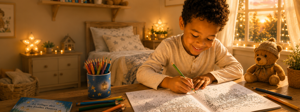 enfant en train de dessiner dans son carnet de coloriage trains des rituel
